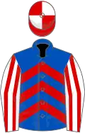 Royal blue, red chevrons, white and red striped sleeves, red and white quartered cap