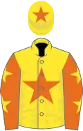 Yellow, orange star, orange sleeves, yellow stars, yellow cap, orange star