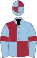 Light blue and maroon (quartered), light blue sleeves, maroon armlets