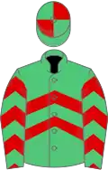 Emerald green, red chevrons, quartered cap