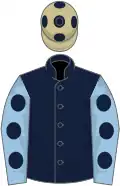 Dark blue, light blue sleeves, dark blue spots, beige cap, dark blue spots