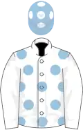 White, light blue spots, white sleeves, light blue cap, white spots