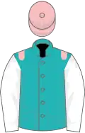 Emerald green, pink epaulettes, white sleeves, pink cap