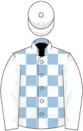 Light blue and white check, white sleeves and cap