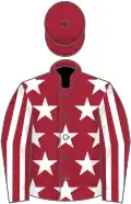 Maroon, white stars, striped sleeves, maroon cap
