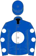 Royal blue, white disc, royal blue sleeves, white spots