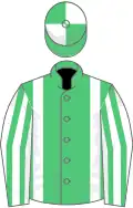Emerald green, white braces, white and emerald green striped sleeves, emerald green and white quartered cap