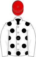 White, black spots, white sleeves, red cap