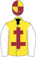 Yellow, maroon cross of lorraine, white sleeves, maroon and yellow quartered cap