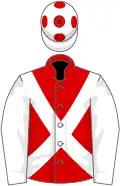Red, white cross-belts and sleeves, white cap, red spots