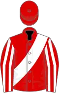 Red, white sash, striped sleeves