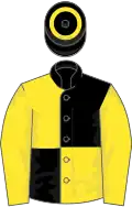 Black and yellow quartered, yellow sleeves, black cap, yellow hoop