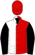 Red and white (halved), black sleeves, red cap