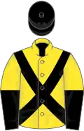 Yellow, black cross belts, halved sleeves, black cap
