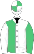 WHITE and EMERALD GREEN HALVED, sleeves reversed, quartered cap