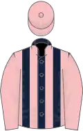 Dark blue and pink stripes, pink sleeves and cap