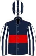 Dark blue, red hoop, white and dark blue striped sleeves and cap