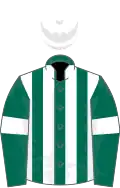 Dark green and white stripes, dark green sleeves, white armlets, white cap
