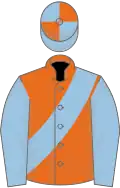 Orange, light blue sash and sleeves, light blue and orange quartered cap