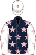Dark blue, pink stars, white sleeves, pink stars, white cap, pink stars