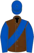 Brown, royal blue sash, sleeves and cap