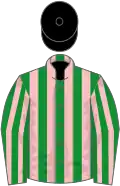 Green and pink stripes, black velvet cap