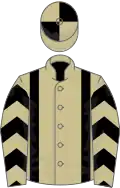 Beige, black braces, chevrons on sleeves, quartered cap