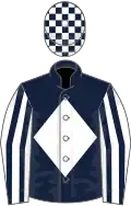 Dark blue, white diamond, white and dark blue striped sleeves, dark blue and white check cap