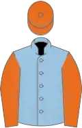 Light blue, orange sleeves and cap