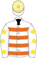 White and orange hoops, white sleeves, yellow spots, white and yellow hooped cap