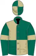 Dark green and beige (quartered), dark green sleeves, beige armlets, quartered cap