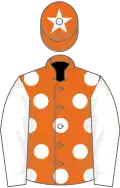 Orange, white spots, white sleeves, orange cap, white star