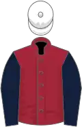 Maroon, dark blue sleeves, white cap