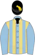 Light blue, buff stripes, blue sleeves, black cap, gold tassel
