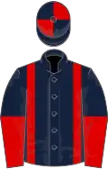 Dark blue, red braces, halved sleeves, quartered cap