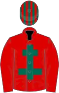 Red, dark green cross of lorraine, striped cap