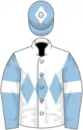 White, light blue triple diamond, light blue sleeves, white armlets, light blue cap, white diamond