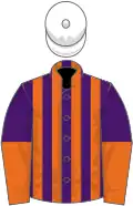 Orange, purple striped, purple and orange halved sleeves, white cap