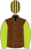 Brown, lime green sleeves, striped cap