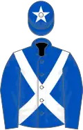 Royal blue, white cross-belts and star on cap