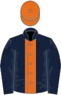 Dark blue, orange stripe, orange cap