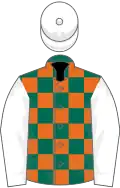 Dark Green and Orange check, White sleeves and cap