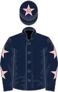 Dark blue, pink stars on sleeves, dark blue cap, pink star