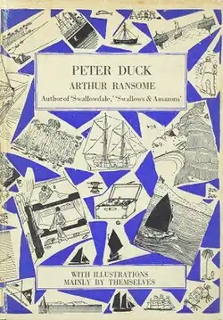 Typical cover art depicting a montage of Arthur Ransome's own illustrations from the book