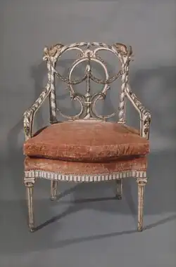 Neoclassical – armchair, c. 1780, carved and polychromed walnut, received upholstered in beige silk brocade, currently upholstered with modern cotton and linen velvet, Metropolitan Museum of Art