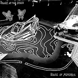 The album cover for Panic! at the Disco's "Death of a Bachelor" in black-and-white, with the text "House of Memories" at the bottom-right corner in place of the album title.