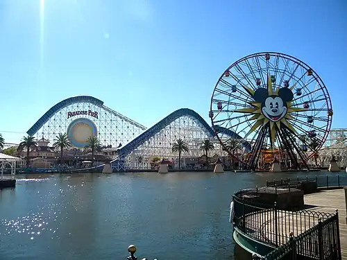 Disney California Adventure's Pixar Pal-A-Round, an eccentric wheel modelled on Wonder Wheel, was built in 2001 as Sun Wheel and became Mickey's Fun Wheel in 2009 and currently Pixar Pal-A-Round in 2018[181]