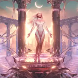 Hilton in a stylized setting standing on a platform that reads "Infinite Icon", wearing a white bodysuit and her arms open at her sides against a bright sky with a moon in it.