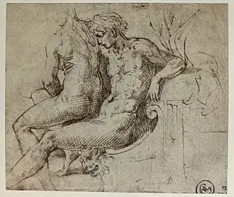 A drawing that copies image 10 in the woodcut booklet.[11] Parmigianino.[11] Pen and brown ink on paper, trimmed. 1524–1527.[11]