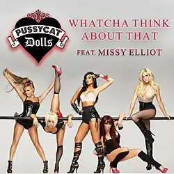 The Pussycat Dolls pose on a bar, against a grey background. From left to right, members Thornton, Wyatt, Scherzinger, Sutta, and Robers, do different poses while wearing corsets and fishnets.